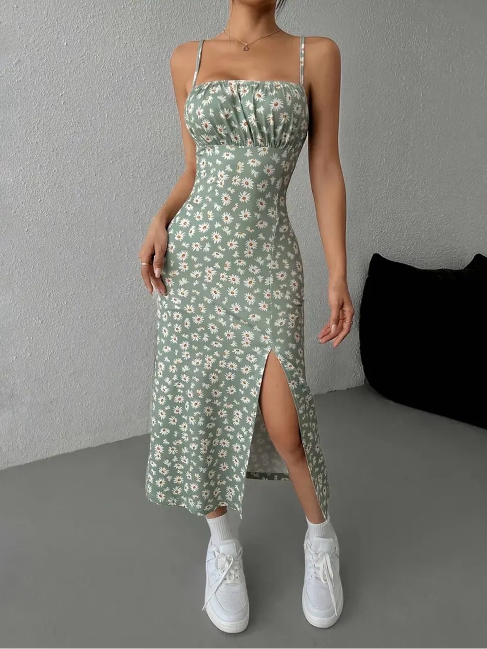 Sage Green Daisy Slip Dress with Side Slit